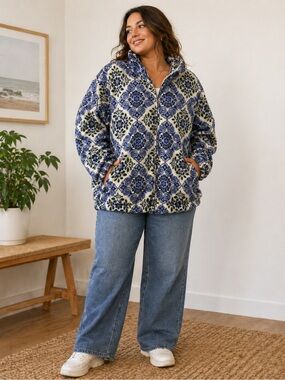 Alfred Dunner Blue and White Cozy Patterned Fleece Zip Jacket Size 2xl